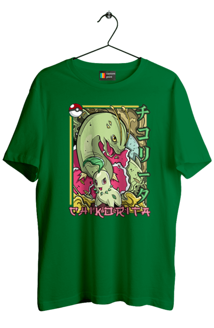 Men's t-shirt with prints Pokemon Chikorita. Anime, chikorita, games, nintendo, pokemon, pokemon go. 2070702