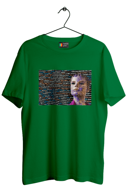 Футболка чоловіча з принтом "Штучний Розум". Айті, айтішник, гик, жінка, знання, інженер, інтелект, кібер, кібернетика, кіборг, код, комп, комп`ютерник, кристал, машинне навчання, мікросхема, мозок, портрет, програміст, професіонал, професія, розробник, розум, світиться, світло, хакер, чіп, штучний інтелект, штучний розум. 2070702