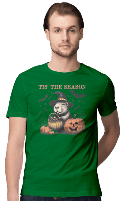 Men's t-shirt with prints Capybara Halloween. Animal, capybara, ghost, halloween, holiday, moon, pumpkin, rodent, witch. 2070702