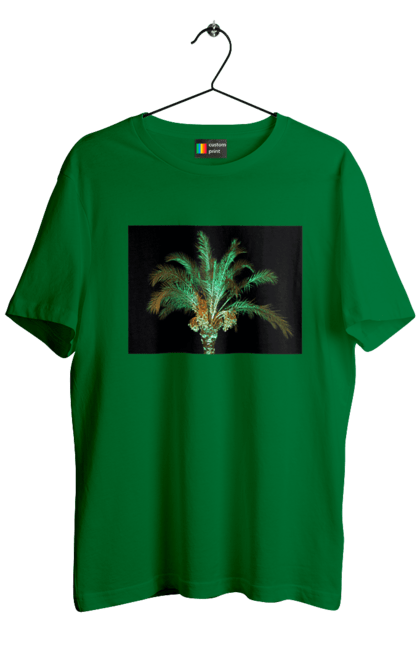 Футболка чоловіча з принтом "Фінікова Пальма Вночі". Берег, відпочинок, відпустка, зелений, море, ніч, оазис, океан, острів, пальма, південь, подорож, пригоди, тропіки, фінікова, чорне. 2070702