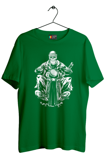 Men`s t-shirt with prints Skull on a motorcycle. Biker, motorcycle, skeleton, skull. 2070702