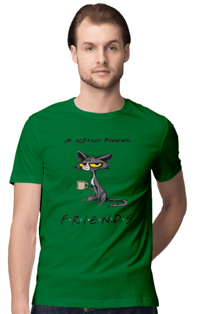 Men`s t-shirt with prints Friends, I`m running. Cat series, fall off, friend to himself, friends, go fuck yourself, i`m already running, loneliness bitch, parody series. 2070702