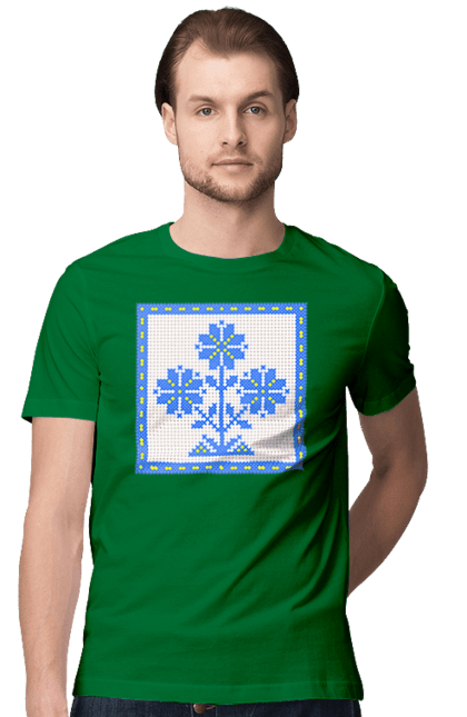 Футболка чоловіча з принтом "Жовто блакитна вишивка квіти". Вишивка, вишивка хрестиком, квіти, символ україни, традиції україни, україна. 2070702