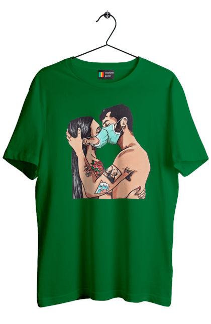 Футболка чоловіча з принтом "Коронавірусна Любов". Карантин, коронавірус, кохання, маска, поцілунок. 2070702