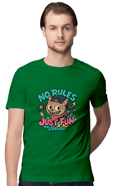 Футболка чоловіча з принтом "Лабубу". Norulesjustfun, y2k, бандана, вуличний стиль, грайливий, графіті, зухвалий, лабубу, ретромультяшка, яскраво. 2070702
