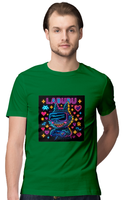 Футболка чоловіча з принтом "Лабубу". Vrочки, геймеркультура, геймпад, іконкиаркади, кіберарт, лабубу, неонгеймінг, піксельарт, ретроаркада, світиться. 2070702