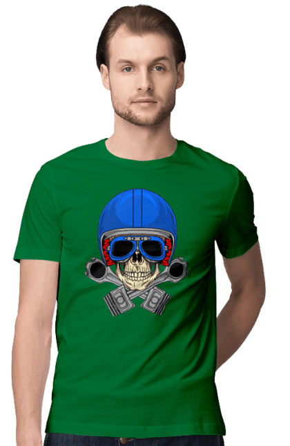Футболка чоловіча з принтом "череп мотолюбитель". Байкер, окуляри, череп, шолом. 2070702