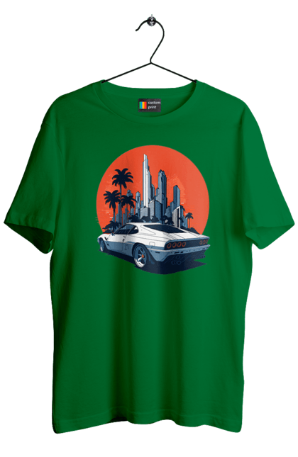 Футболка чоловіча з принтом "Авто". Гонка, захід сонця, спортивний автомобіль, швидкість. 2070702