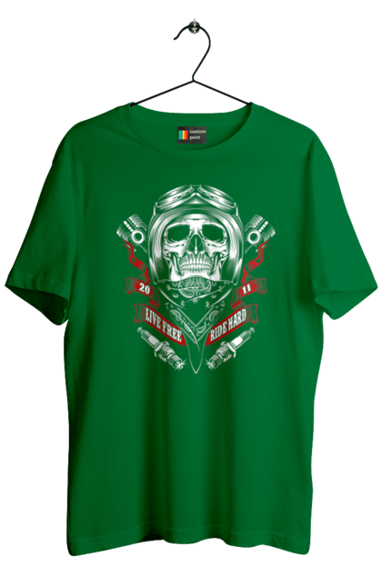 Футболка чоловіча з принтом "череп гонщик". Байкер, гонки, мотоцикл, череп. 2070702