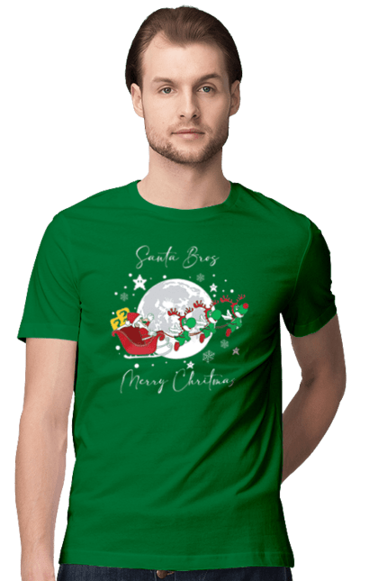 Men`s t-shirt with prints Super Mario Bros: Merry Christmas. Character, christmas, game, mario, mario bros, merry christmas, nintendo, santa claus, super mario bros. 2070702