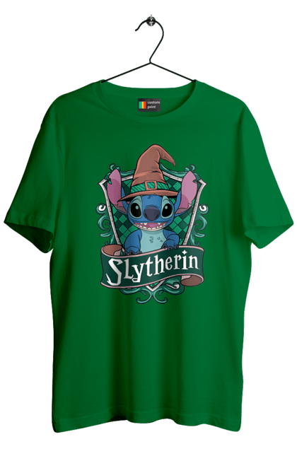 Men's t-shirt with prints Stich Slytherin. Faculty, franchise, harry potter, hogwarts, slytherin, stich. 2070702