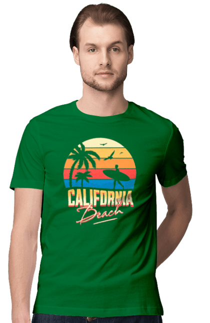 Футболка чоловіча з принтом "Каліфорнія Пляж Ретро Сонце". Відпочинок, відпустка, каліфорнія, літо, море, пляж, серфінг, сонце. CustomPrint.market