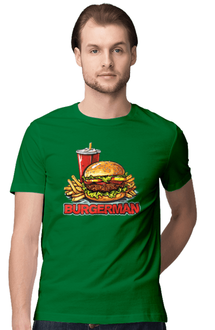 Футболка чоловіча з принтом "Burgerman". Бургер, для чоловіків, їжа, літні, макдональдс, прикольні, трендові, фаст фуд, чоловічі. 2070702