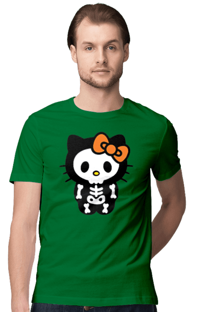 Men's t-shirt with prints Hello Kitty Halloween. Brand, character, halloween, hello kitty, kitten, kitty, skeleton, zombie. 2070702