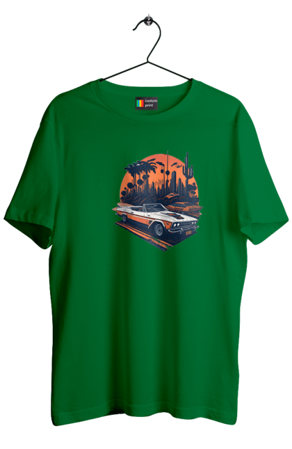 Men`s t-shirt with prints Beautiful car at sunset. Auto, sun, sunset. 2070702