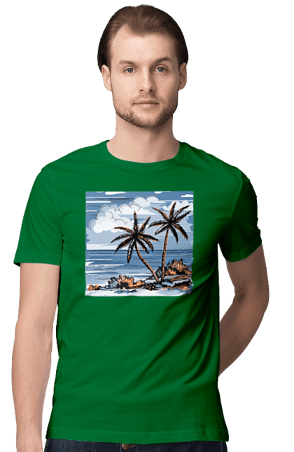 Men`s t-shirt with prints Palm Trees And Sky. Clouds, palm trees, sea, sky. 2070702