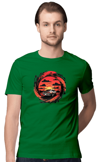 Футболка чоловіча з принтом "Феррарі на заході сонця". Авто, автомобіль, машини, феррарі. 2070702