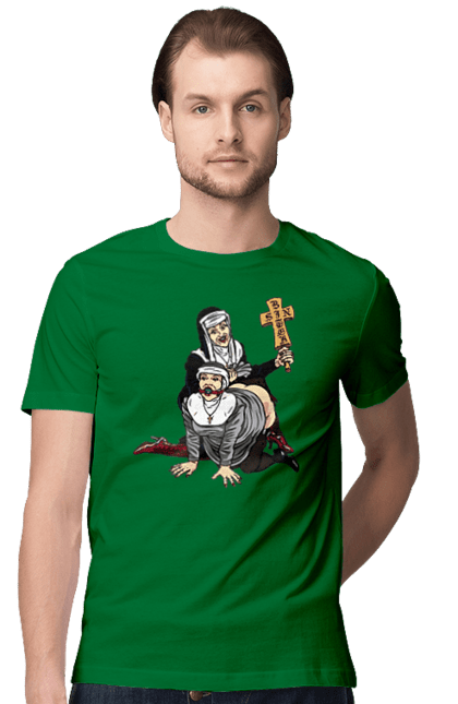 Футболка чоловіча з принтом "Монашки БДСМ". Бдсм, крута, модна, молодіжна, плескає по дупі, рок, рольові ігри, черниці бдсм, черницю, черниця. 2070702