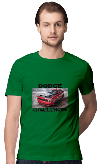Men`s t-shirt with prints Dodge challenger. An american legend, auto, car, classic car, cult car, dodge challenger, oil car, powerful car. 2070702