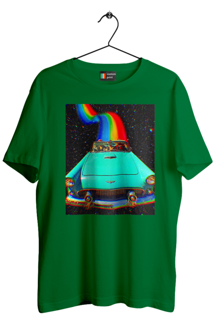 Футболка чоловіча з принтом "Картина, машина у космосі". Веселка, картина, космос, машина, подорожі, поїздка, прикол, ретро. 2070702