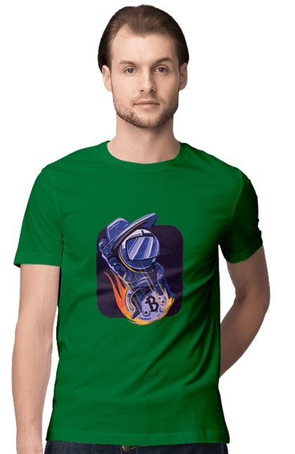 Футболка чоловіча з принтом "Космо біткоїн". Биткоин, бінарний, біткоїн, біткойн, валюта, гроші, крипто, програміст, хакер. 2070702