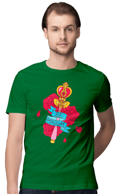 Men's t-shirt with prints Be Magical. Anime, charm, flowers, magic, rose flower, sailor moon, tv series, wand. 2070702