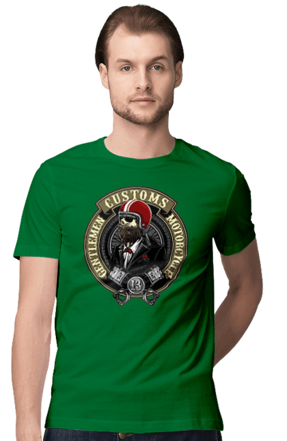 Men`s t-shirt with prints Gentlemen motorcycle. Gentleman, helmet, motorcycle, skull. 2070702