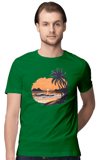 Футболка чоловіча з принтом "Безтурботний пляж на заході сонця". Захід сонця, пляж, розслаблення. CustomPrint.market