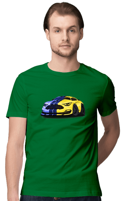 Футболка чоловіча з принтом "Український мустанг". Жовто блакитне авто, кольори україни, машина, мустанг, суперкар, форд мустанг, шелбі. 2070702