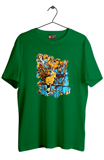 Футболка чоловіча з принтом "Жовті квіти на синьому фоні". Арт, жовтий та синій, жовті квіти, жовто-синій, квіти, малюнок, природа, синій та жовтий, синьо-жовтий. 2070702