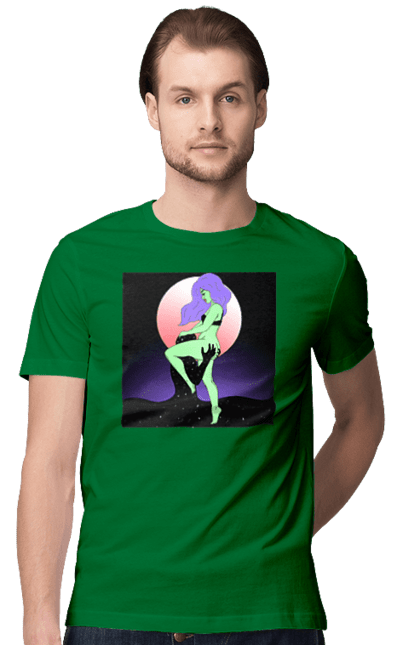 Men`s t-shirt with prints Green Girl And The Moon. Alien, moon. 2070702