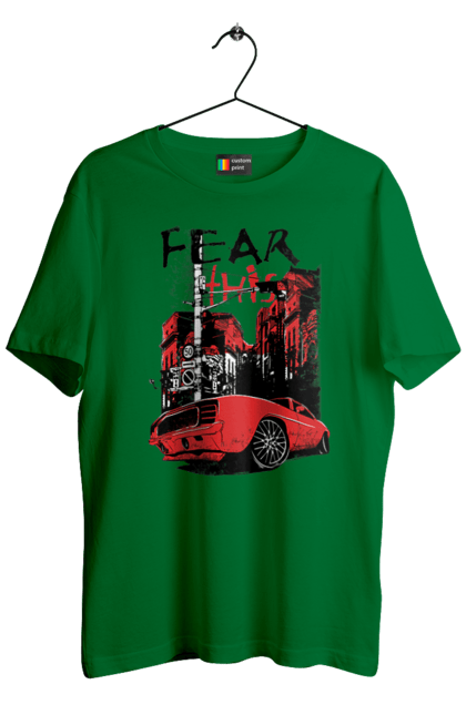 Men`s t-shirt with prints Red Car In The City. Riding, town. 2070702