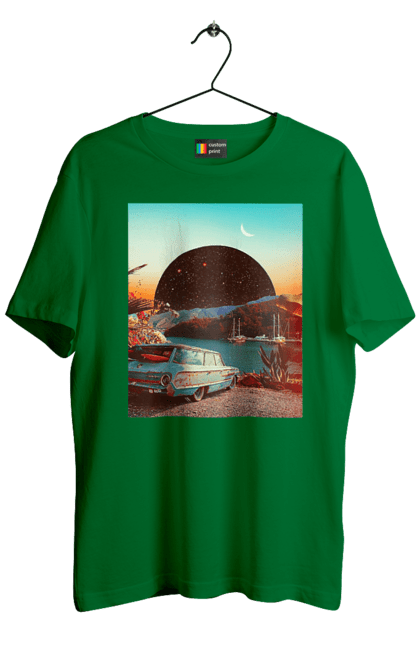 Футболка чоловіча з принтом "Картина, машина біля річки". Картина, машина, планета, прикол, ретро, річка. 2070702