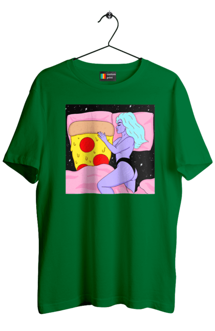 Men`s t-shirt with prints Purple Girl And Pizza. Bed, girl, pizza. 2070702
