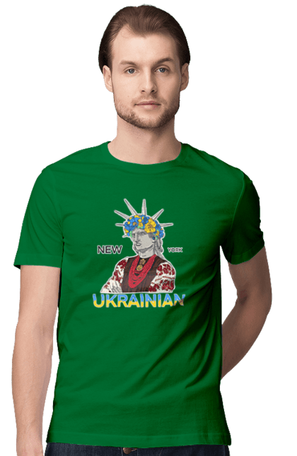 Men`s t-shirt with prints UA & NY. Embroidered shirt, new york, statue of liberty, ukraine, wreath. 2070702