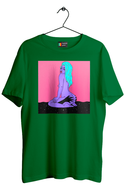 Men`s t-shirt with prints Purple Girl In Hands. Alien, girl, sits. 2070702