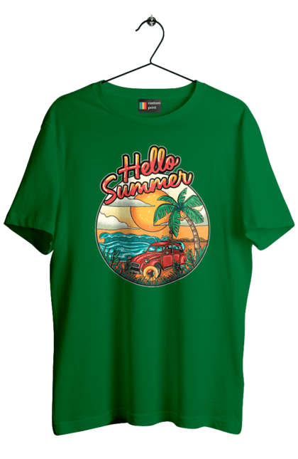 Футболка чоловіча з принтом "Привіт Літо, Машина Біля Моря". Літо, машина, острів, пальма, пляж. 2070702