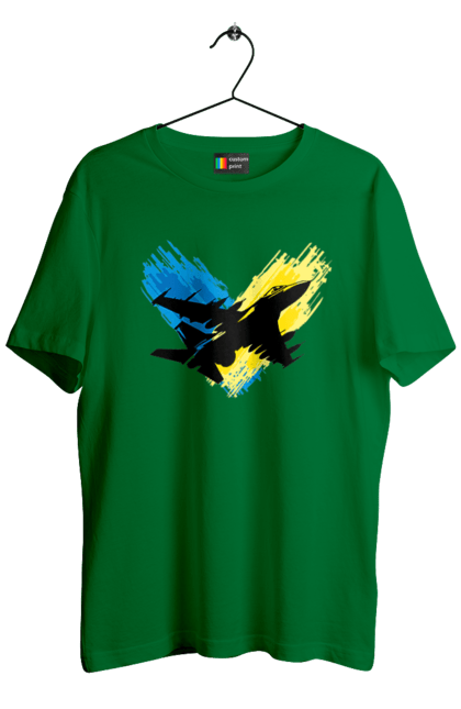 Футболка чоловіча з принтом "Літак F 16". З прапором, зсу, літак, літак f16, патріотична, прапор, ф16. 2070702