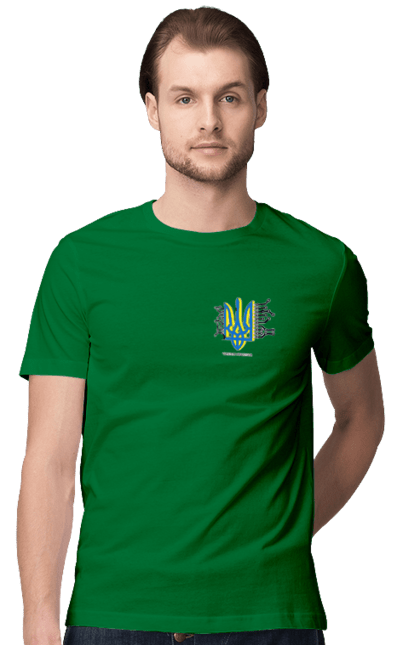 Men`s t-shirt with prints Freedom heart processor. Yellow and blue.. Freedom, heart, patriotic, processor, sarabeevart, to buy, ukraine. 2070702