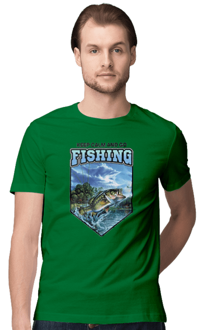 Футболка чоловіча з принтом "Keep Calm and Go Fishing". Відпочинок на природі, для рибалок, для чоловіків, мисливці та риболови, природа, рибалка, риболовля, спінінг, хоббі. 2070702