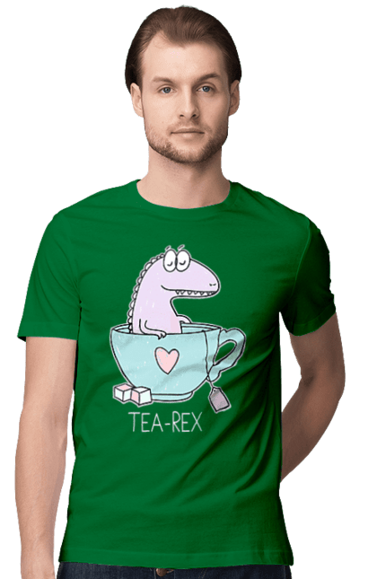 Футболка чоловіча з принтом "Динозавр прінмаем в чашці чай". Динозавр, релакс, чай, чашка. CustomPrint.market