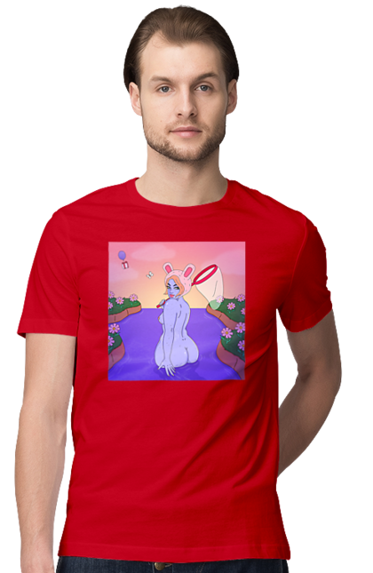 Футболка чоловіча з принтом "Фіолетова Дівчина На Полюванні". Гола, дівчина, сачок. 2070702