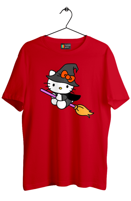 Футболка мужская с принтом Хелло Китти Хэллоуин. Halloween, hello kitty, witch, бренд, ведьма, кот, котенок, персонаж, хелло китти, хэллоуин. 2070702