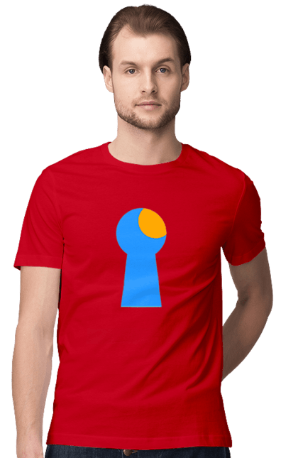 Футболка чоловіча з принтом "Замочная скважина". Відчини двері, двері, замок, ключ, свердловина, світло крізь, цікавість, щілина. 2070702