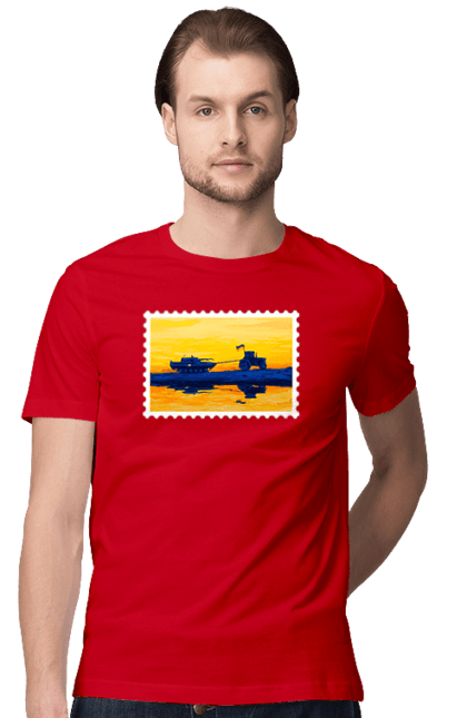 Футболка чоловіча з принтом "Нова марка, трактор що тягне танк". Добрий вечір, доброго вечора, марка, марка україни, марка укрпочта, ні війні, трактор тягне танк, тракторні війська, укрпочта. 2070702