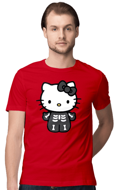 Футболка мужская с принтом Хелло Китти Хэллоуин. Halloween, hello kitty, zombie, бренд, зомби, котенок, персонаж, скелет, хелло китти, хэллоуин. 2070702