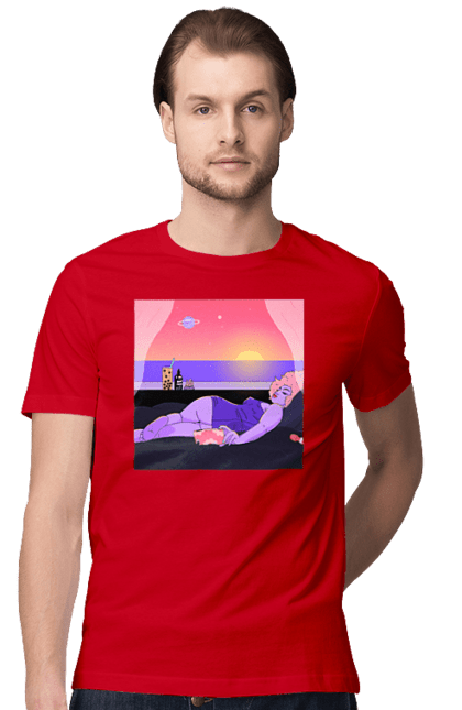Футболка чоловіча з принтом "Фіолетова Дівчина На Відпочинку". Дівчина, захід, телефон. 2070702