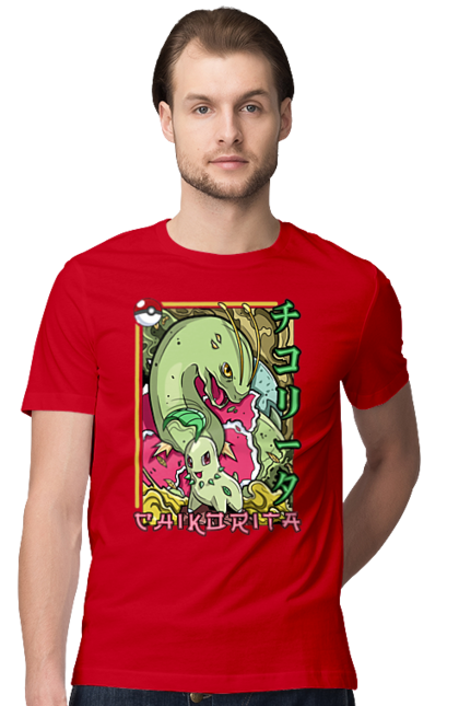 Men's t-shirt with prints Pokemon Chikorita. Anime, chikorita, games, nintendo, pokemon, pokemon go. 2070702