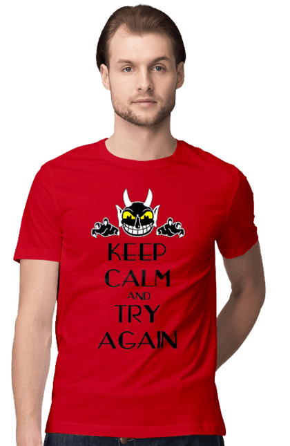 Футболка мужская с принтом Сохраняй спокойствие и пробуй еще раз. Keep calm, try again, демон, сатана, сохраняй спокойствие, спокойствие, черт. 2070702