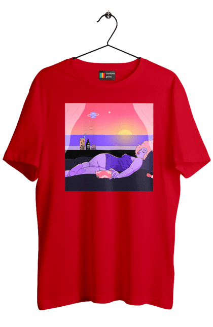 Футболка чоловіча з принтом "Фіолетова Дівчина На Відпочинку". Дівчина, захід, телефон. 2070702